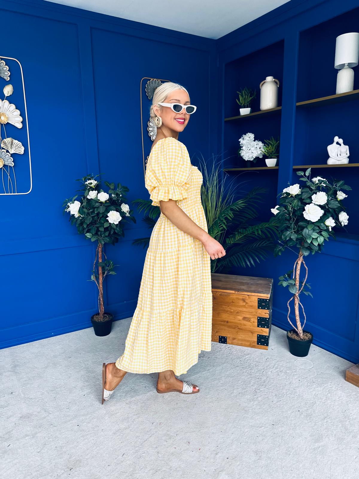 Leah May Puff Sleeve Midi Dress Check Yellow