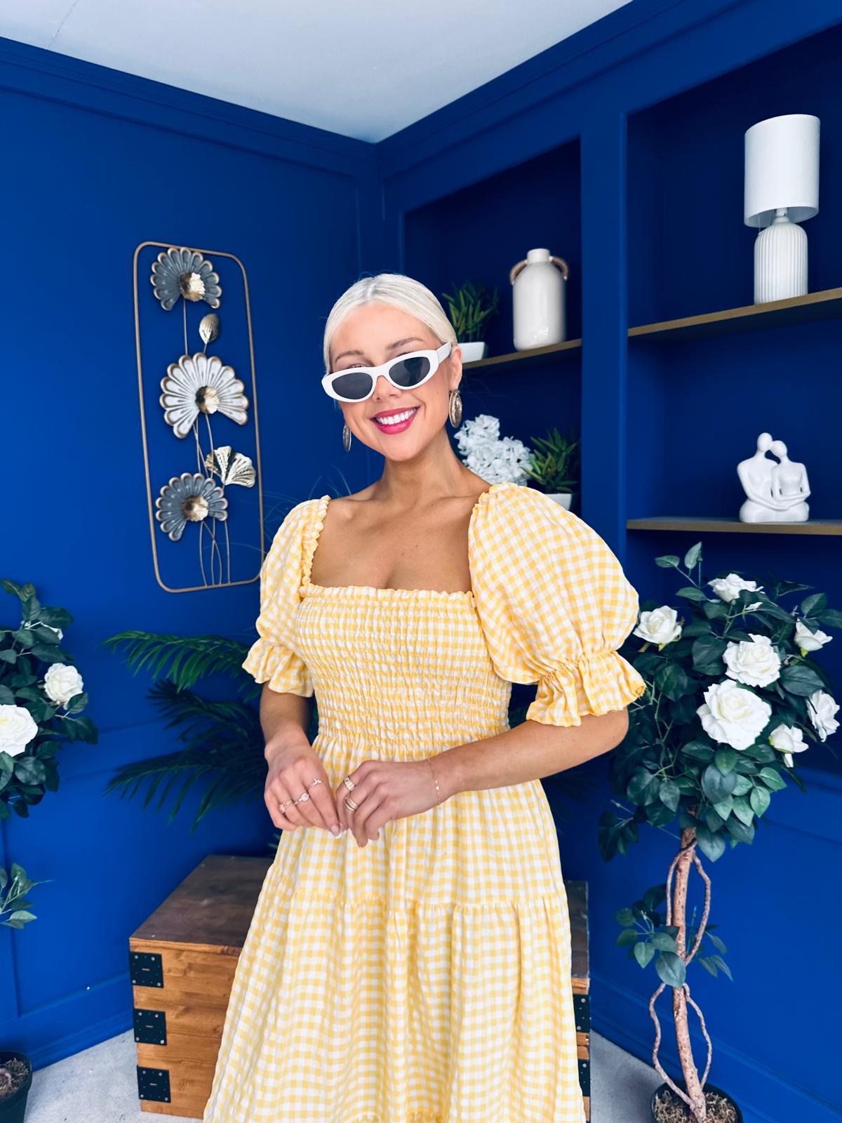 Leah May Puff Sleeve Midi Dress Check Yellow