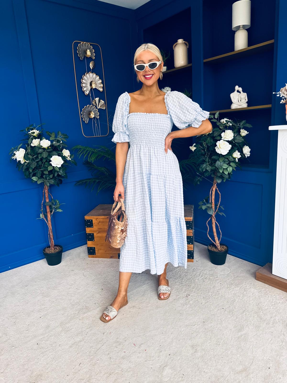 Leah May Puff Sleeve Midi Dress Check Blue