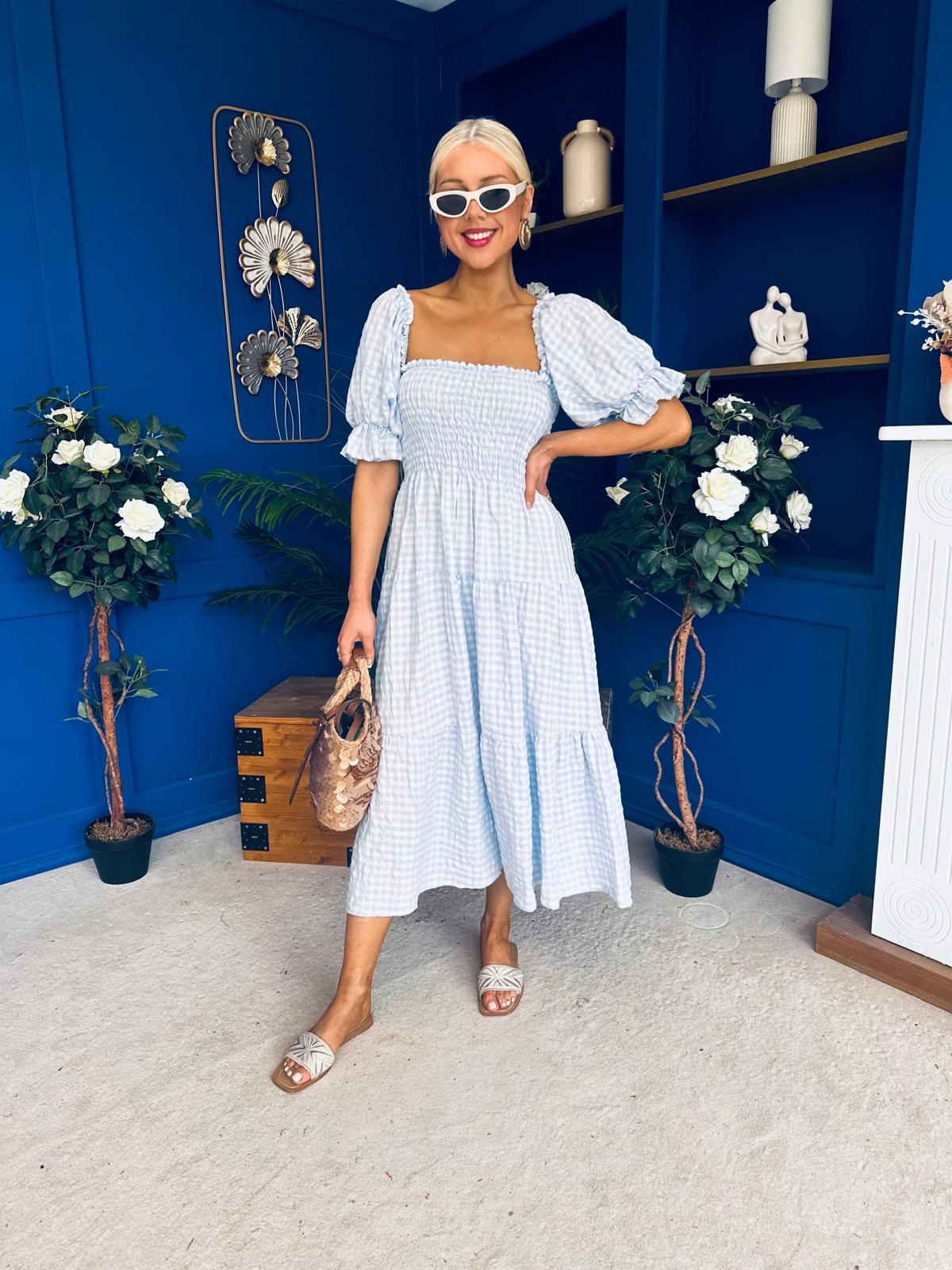 Leah May Puff Sleeve Midi Dress Check Blue