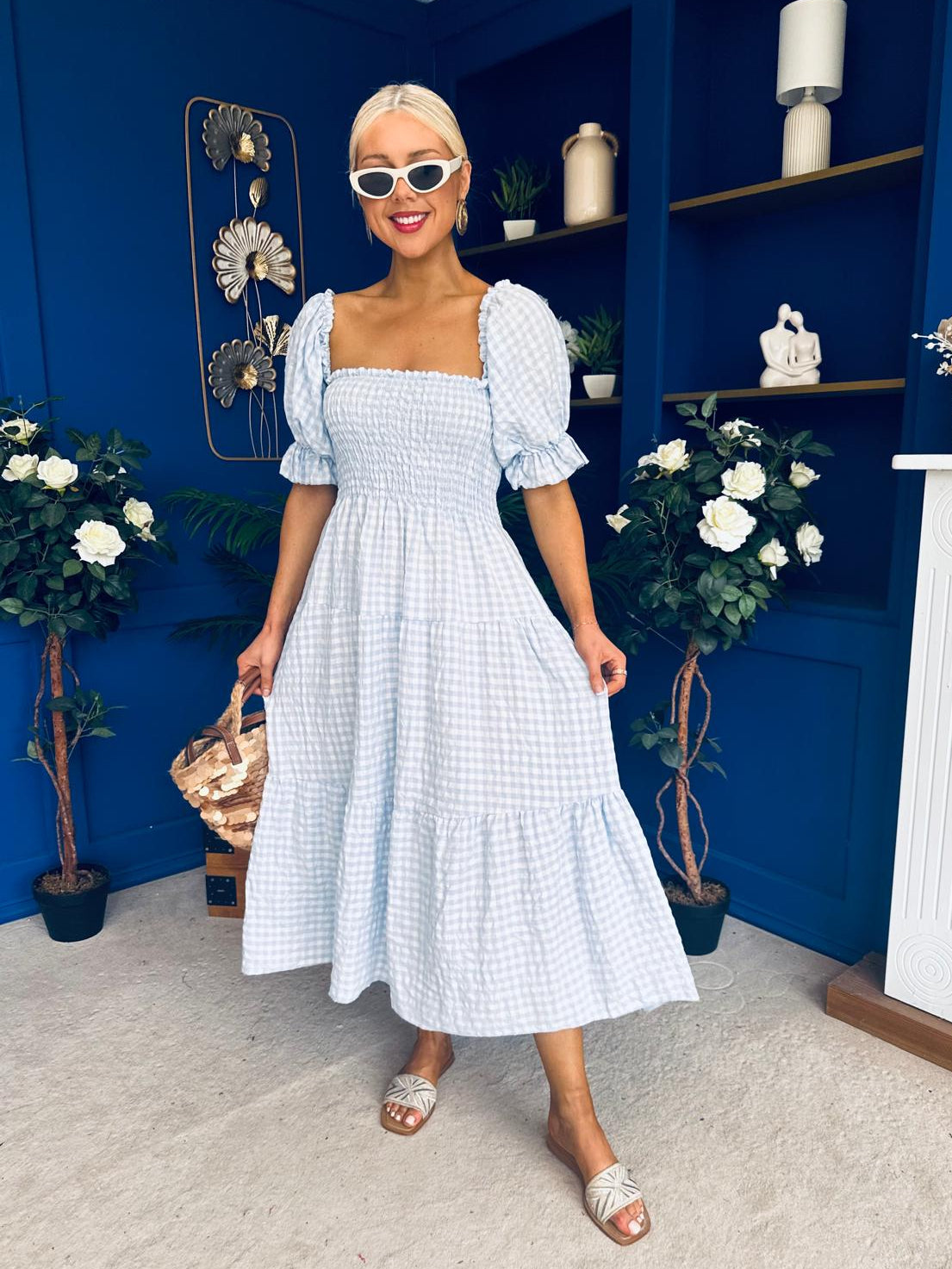 Leah May Puff Sleeve Midi Dress Check Blue