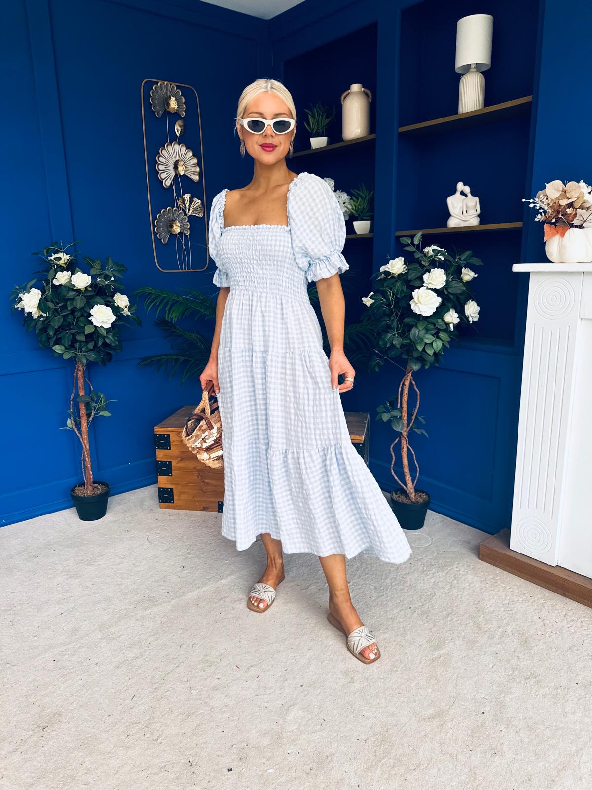 Leah May Puff Sleeve Midi Dress Check Blue