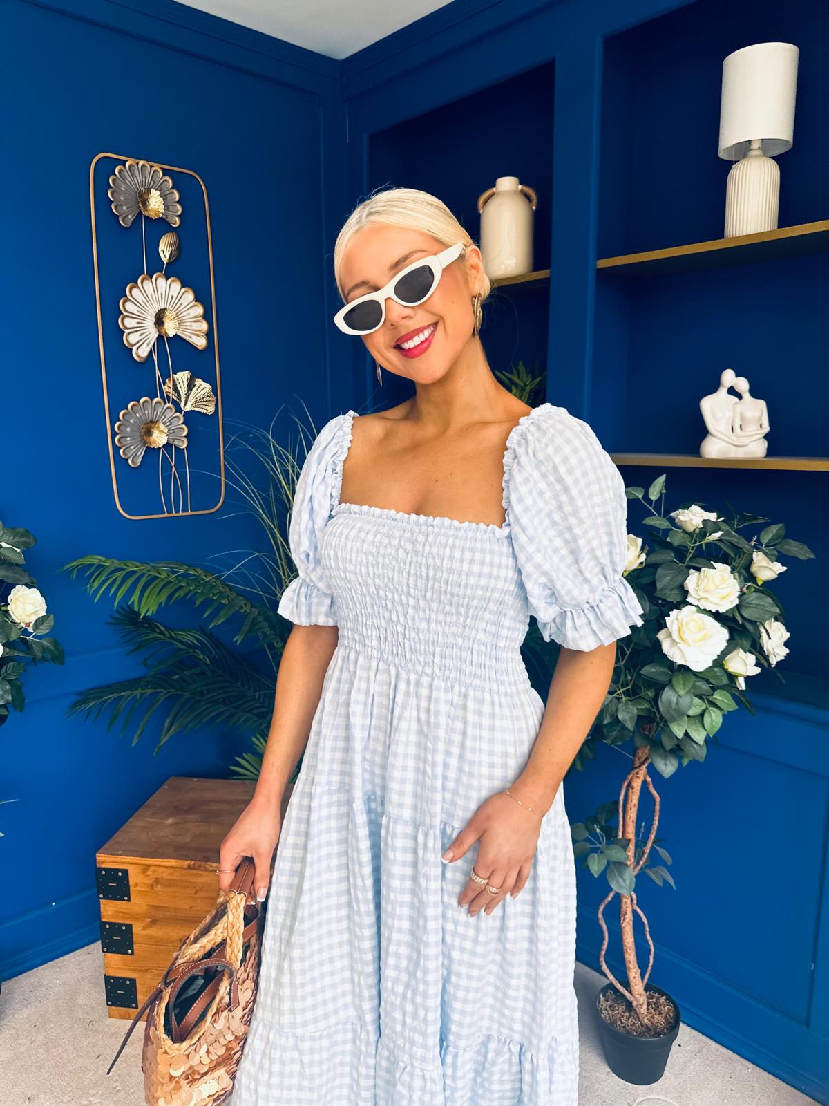 Leah May Puff Sleeve Midi Dress Check Blue