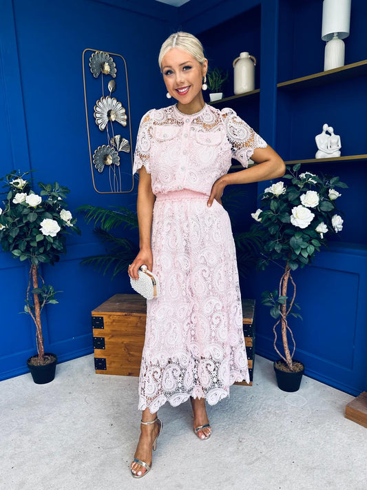 Darla Crochet Top & Skirt Set Baby Pink