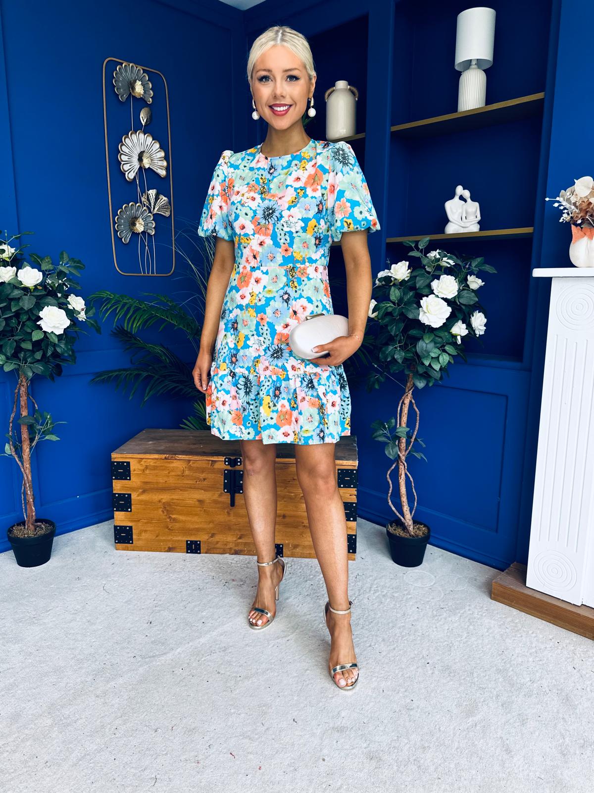 Allyson Puff Sleeve Round Neck Mini Dress Floral Blue