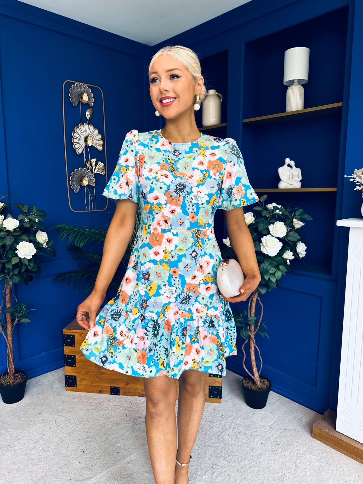 Allyson Puff Sleeve Round Neck Mini Dress Floral Blue