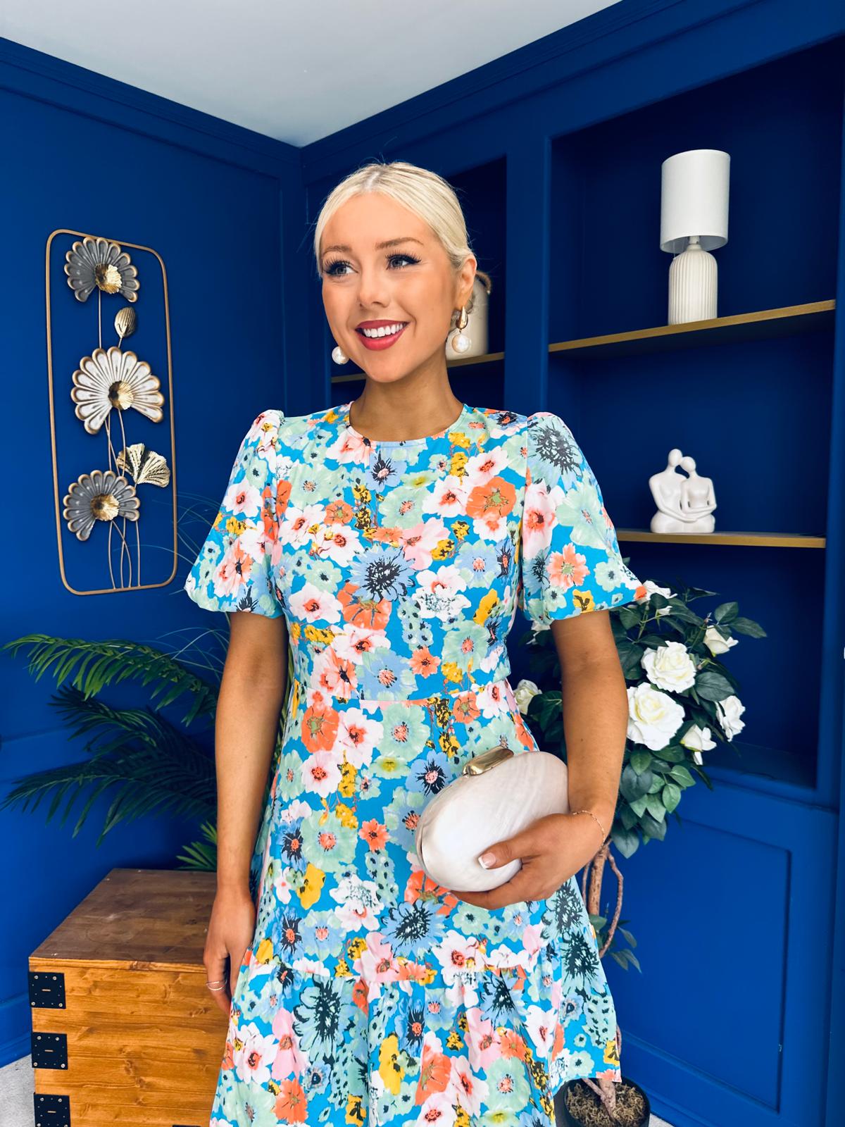 Allyson Puff Sleeve Round Neck Mini Dress Floral Blue