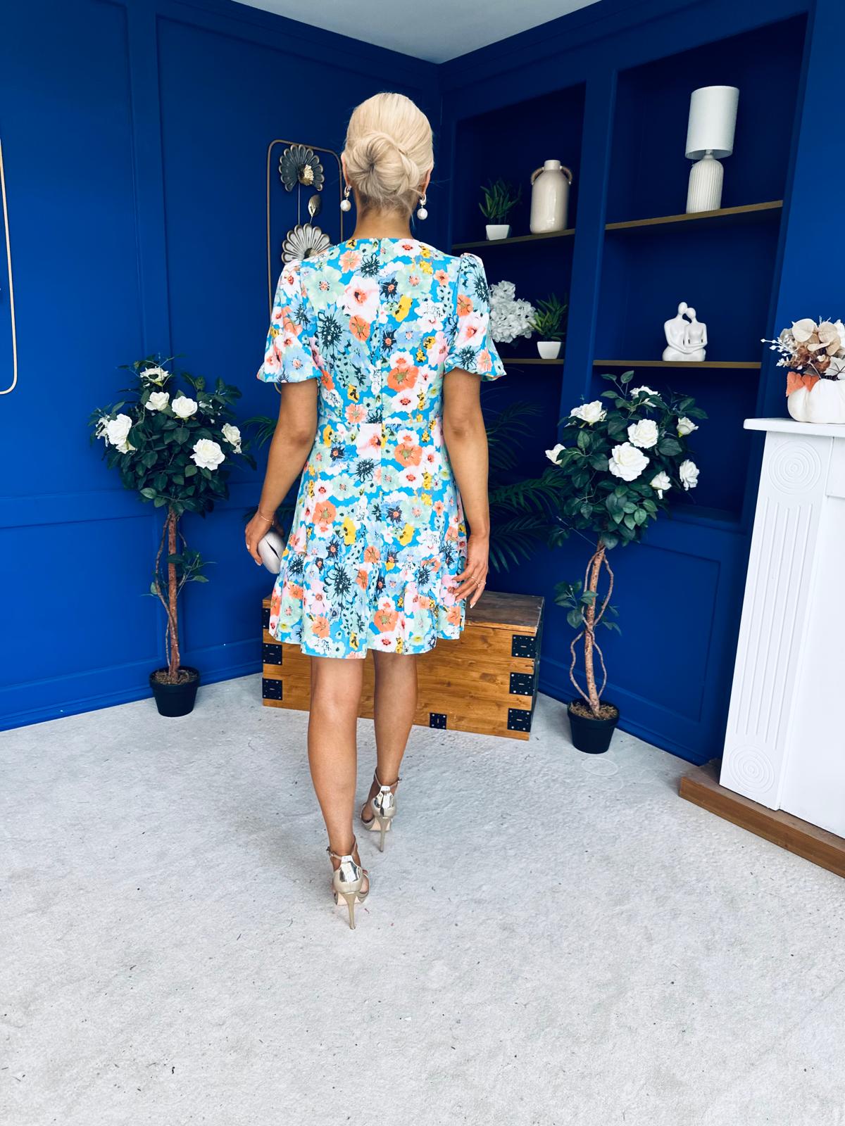 Allyson Puff Sleeve Round Neck Mini Dress Floral Blue