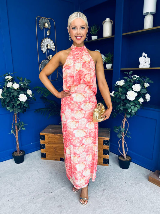 Paige Halterneck Mesh Midi Dress Floral Coral