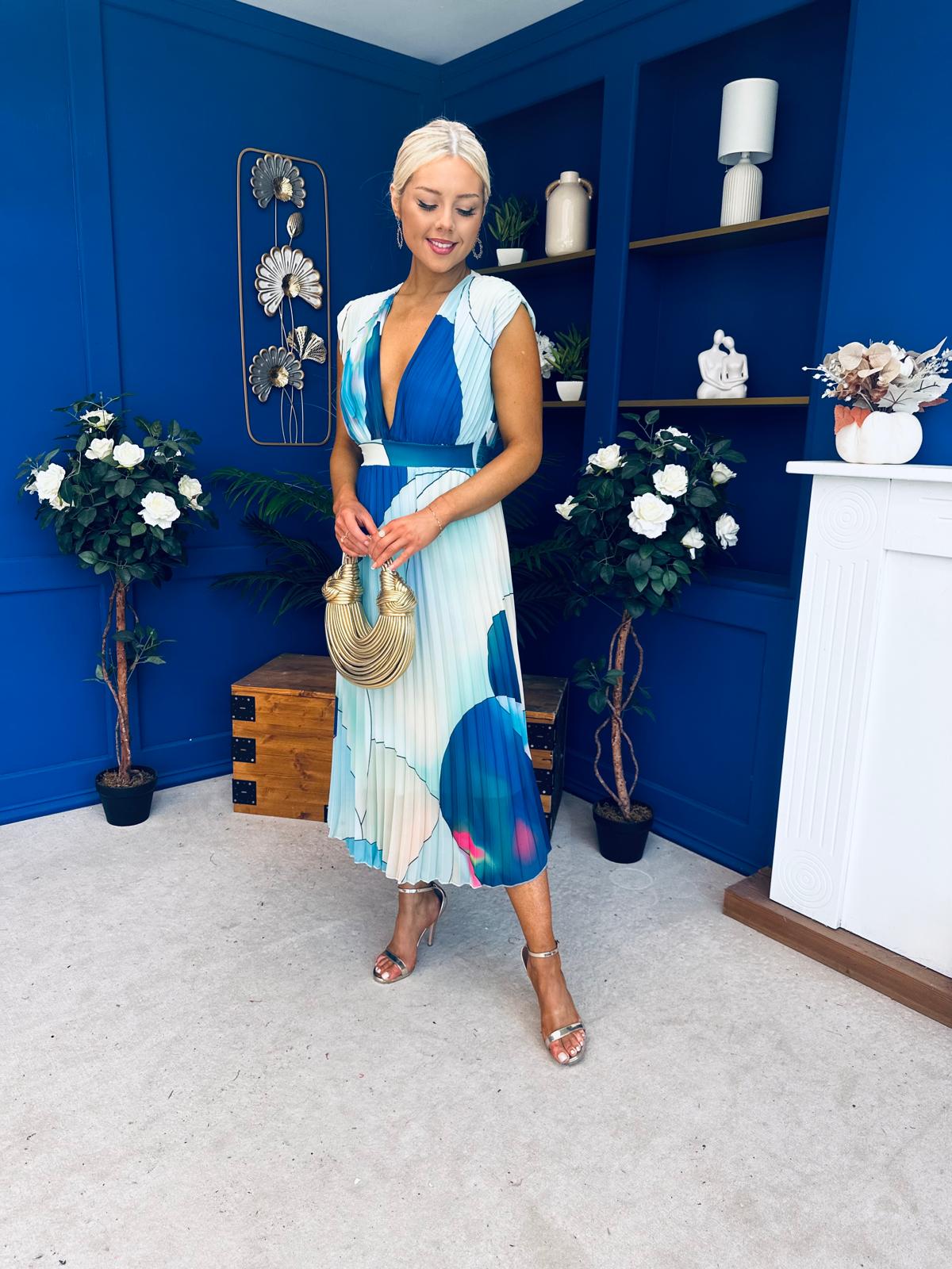 Roise Plunge Neck Midi Dress Geo Mint