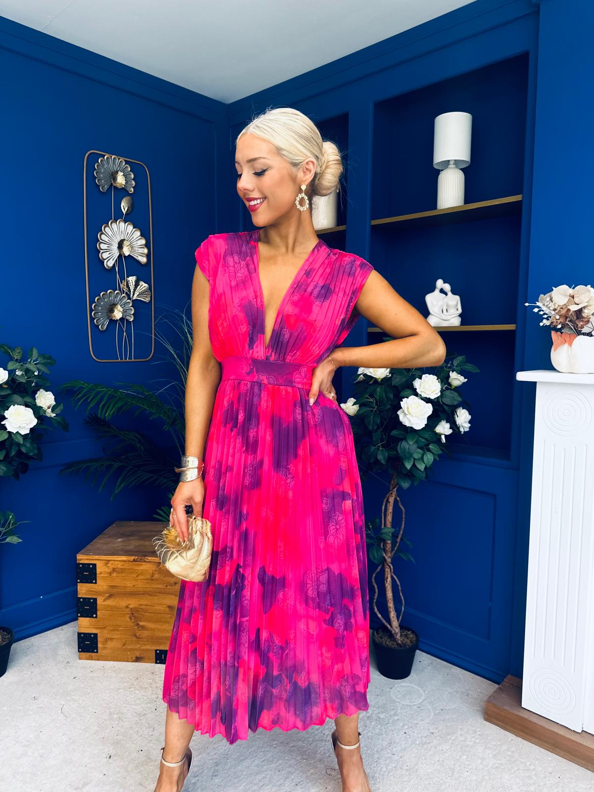Roise Plunge Neck Midi Dress Floral Violet