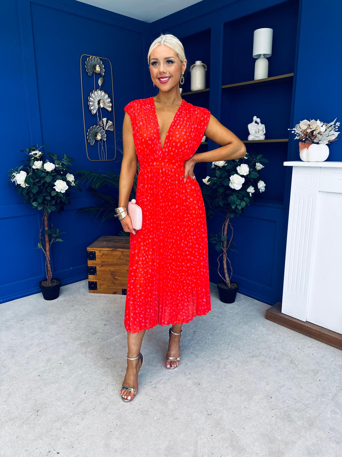 Roise Plunge Neck Midi Dress Polka Coral