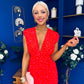 Roise Plunge Neck Midi Dress Polka Coral