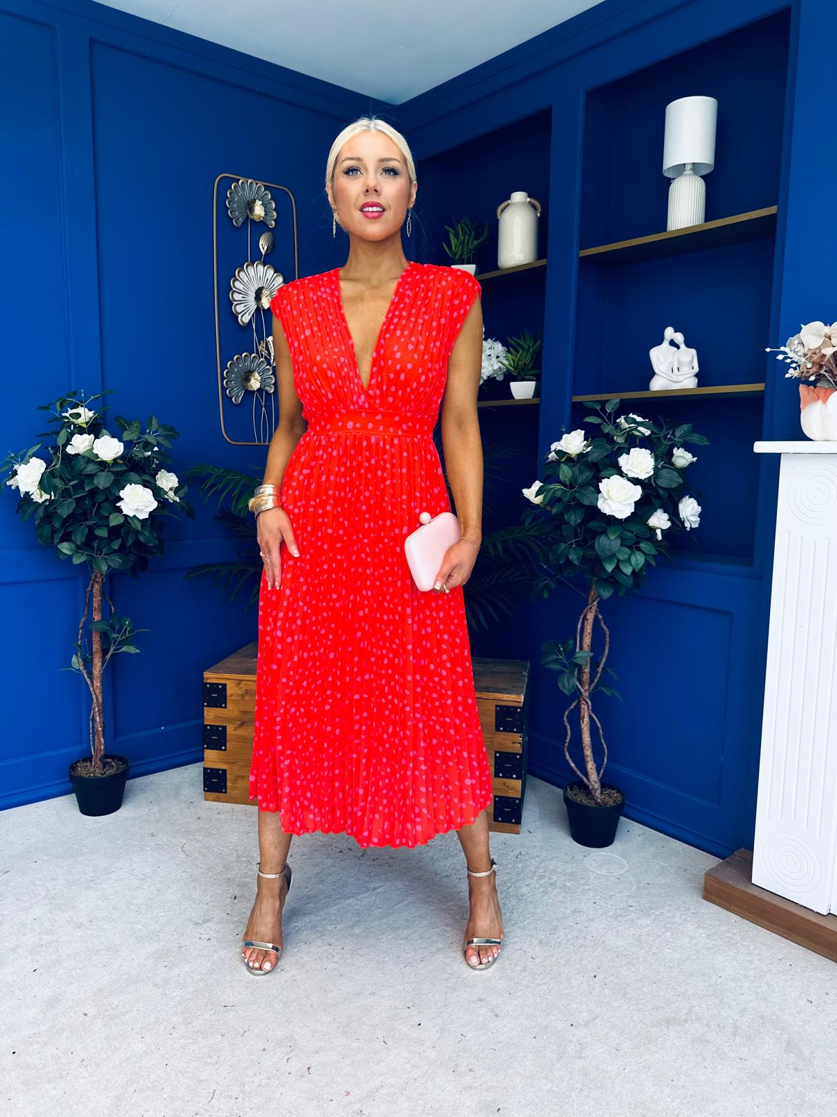 Roise Plunge Neck Midi Dress Polka Coral