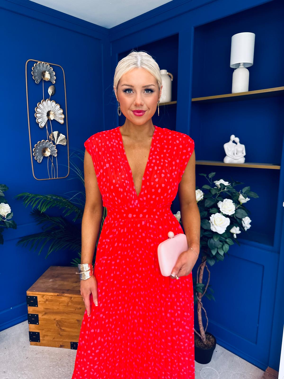 Roise Plunge Neck Midi Dress Polka Coral
