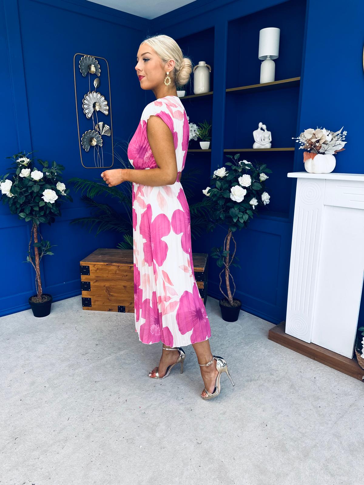 Roise Plunge Neck Midi Dress Floral Cream