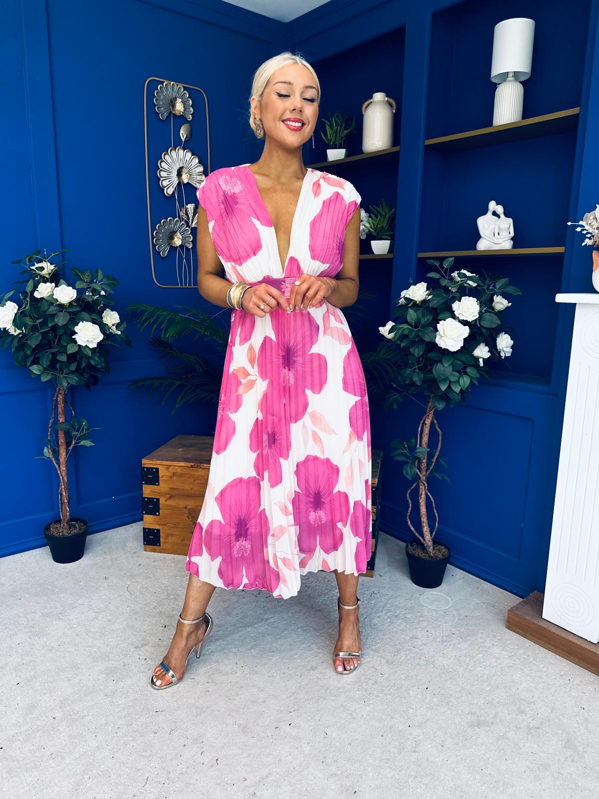 Roise Plunge Neck Midi Dress Floral Cream