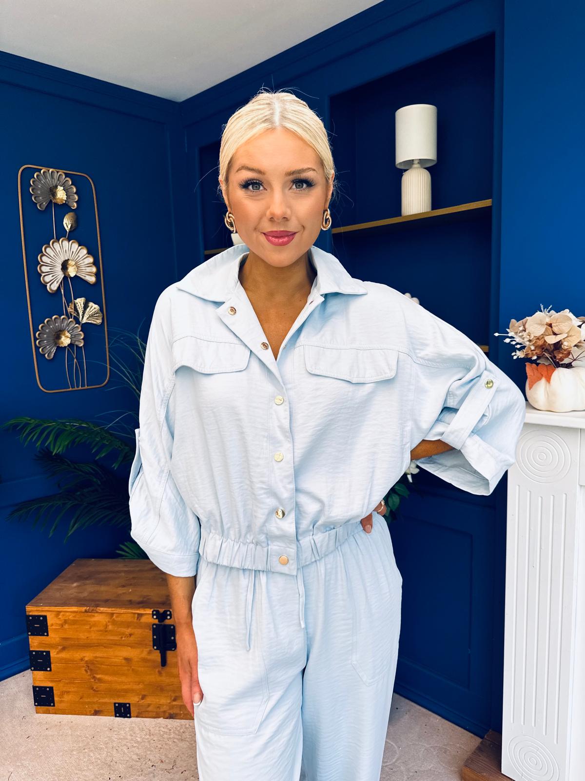 Barbara Detailed Top & Trouser Set Baby Blue