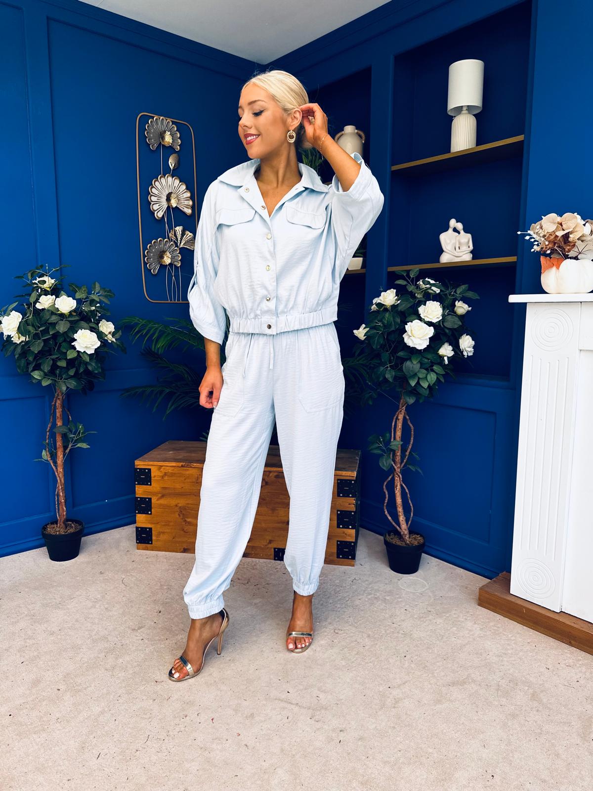 Barbara Detailed Top & Trouser Set Baby Blue