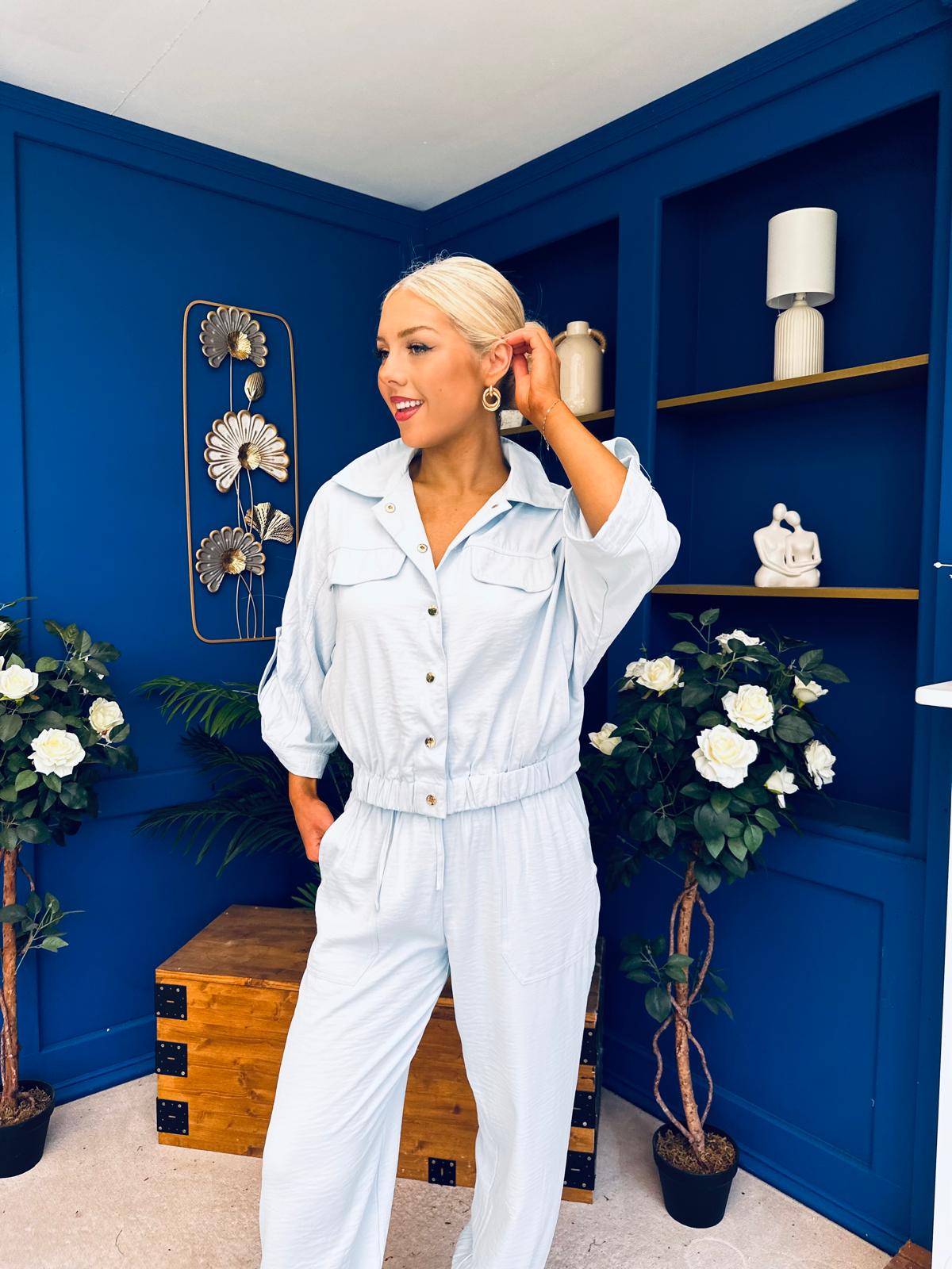 Barbara Detailed Top & Trouser Set Baby Blue