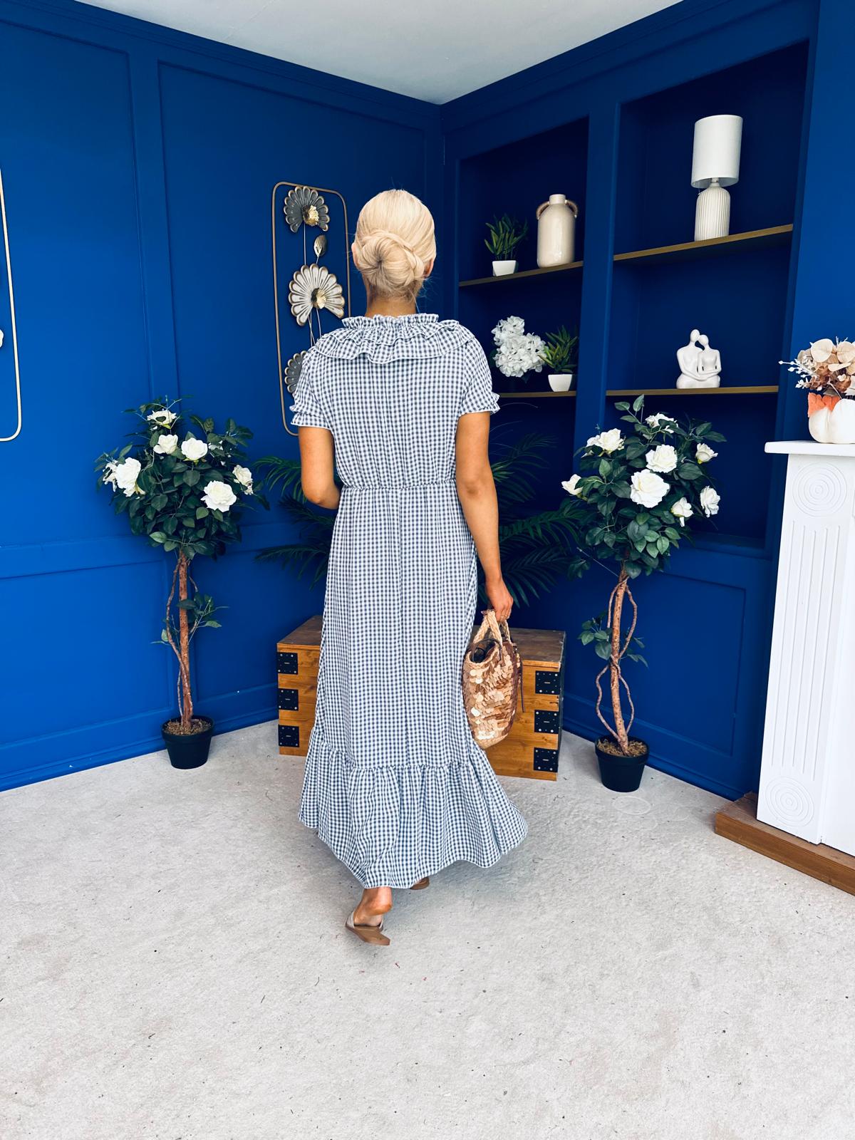 Martha Frill Detail Midi Dress Check Navy – Canella Lane