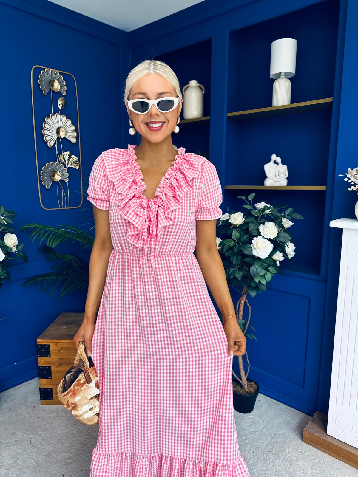 Martha Frill Detail Midi Dress Check Rose