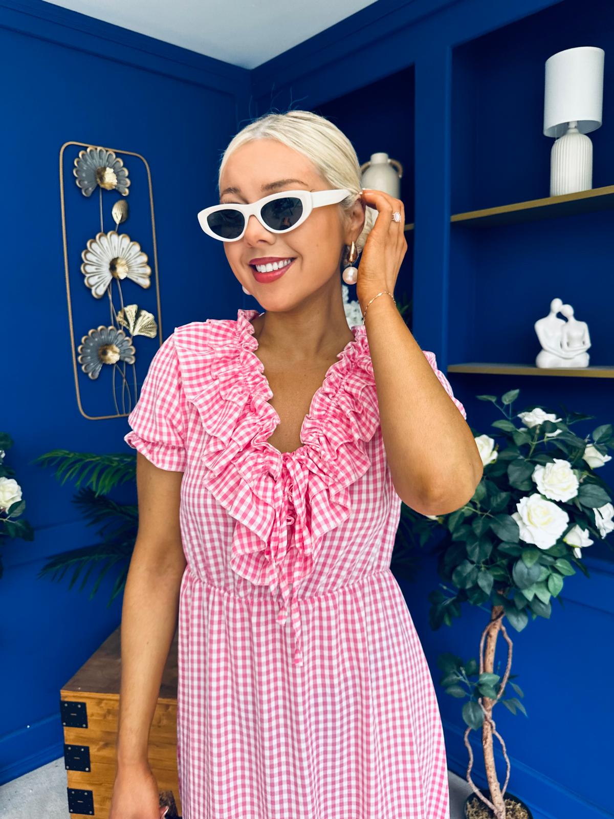 Martha Frill Detail Midi Dress Check Rose