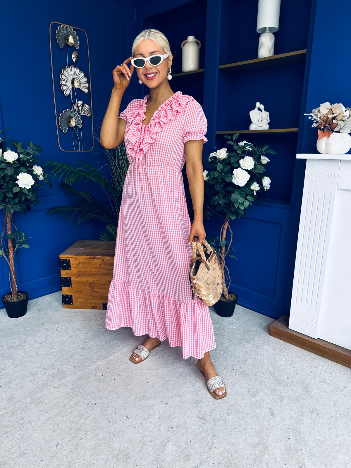 Martha Frill Detail Midi Dress Check Rose
