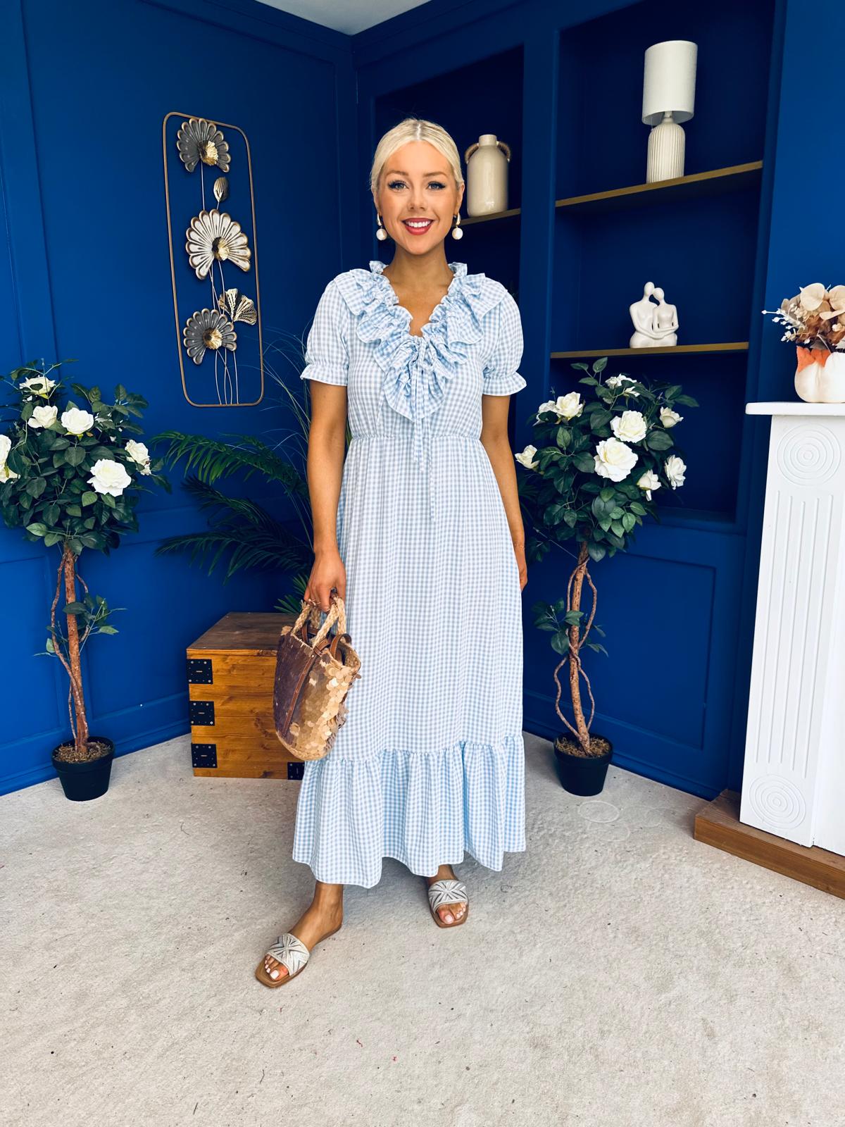 Martha Frill Detail Midi Dress Check Baby Blue