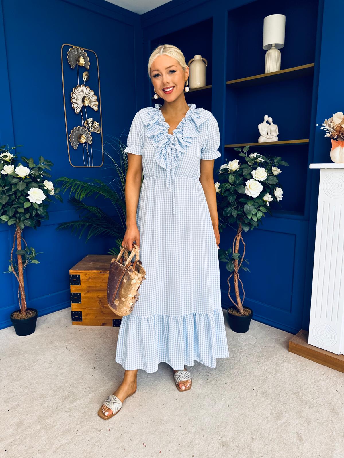 Martha Frill Detail Midi Dress Check Baby Blue