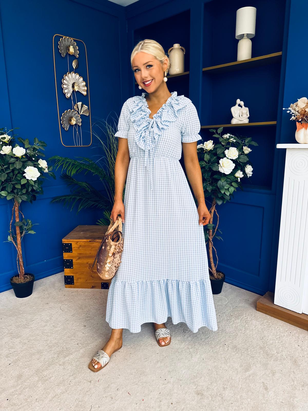Martha Frill Detail Midi Dress Check Baby Blue
