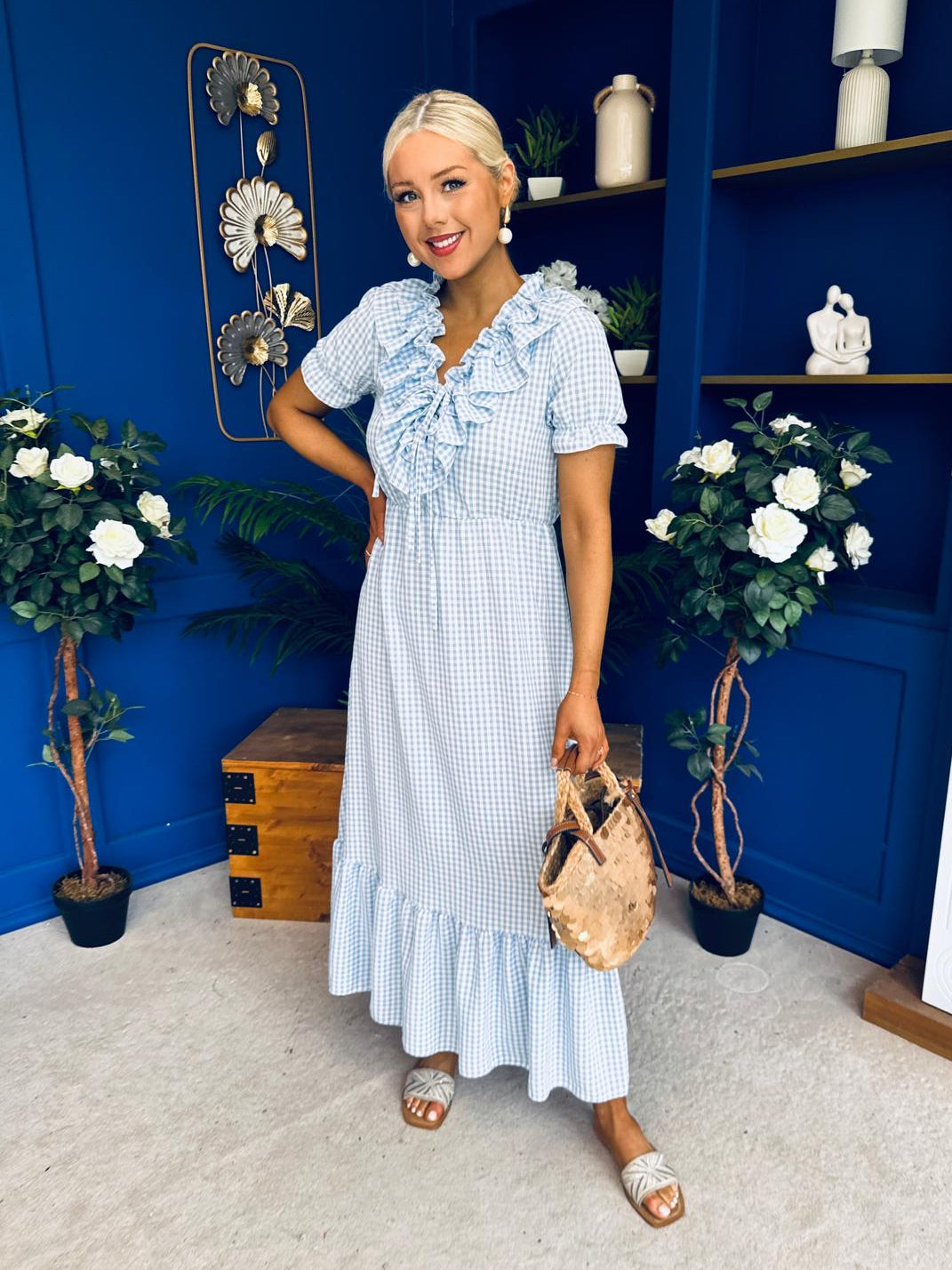 Martha Frill Detail Midi Dress Check Baby Blue