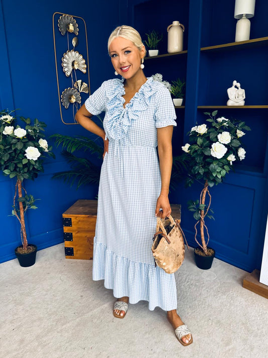Martha Frill Detail Midi Dress Check Baby Blue