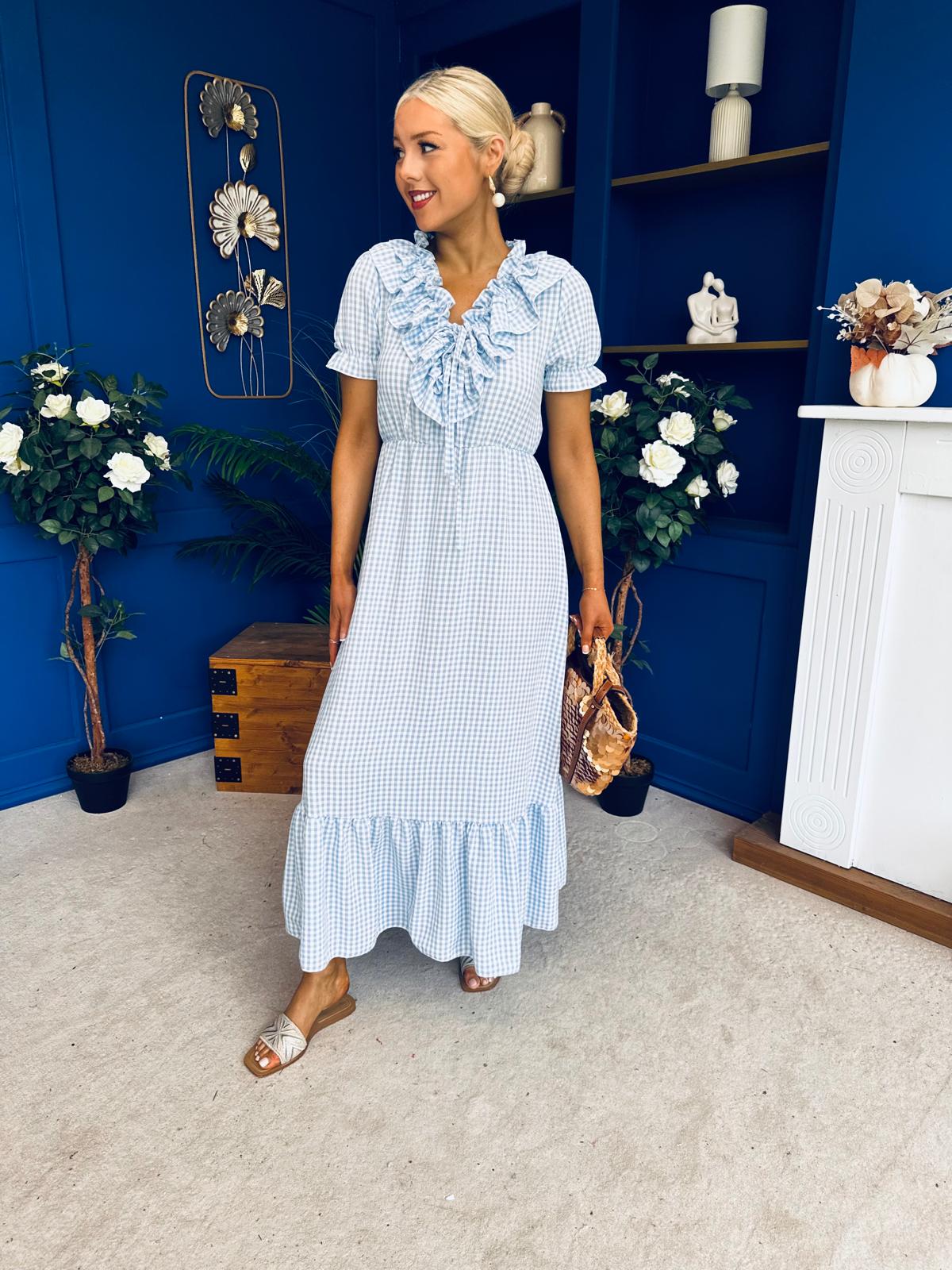 Martha Frill Detail Midi Dress Check Baby Blue