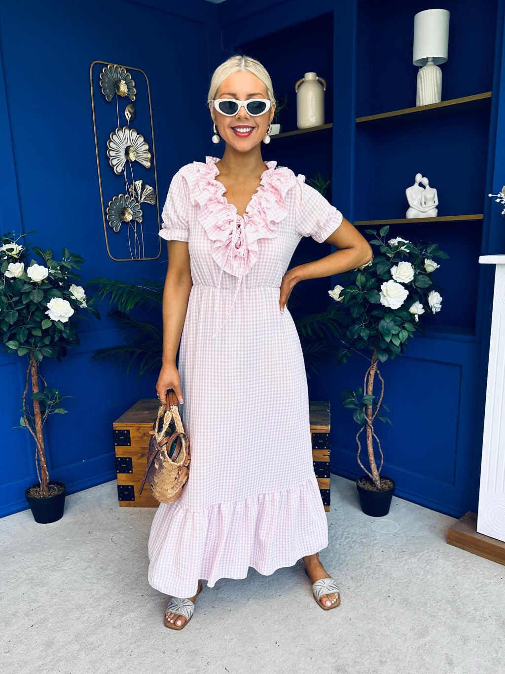 Martha Frill Detail Midi Dress Check Baby Pink