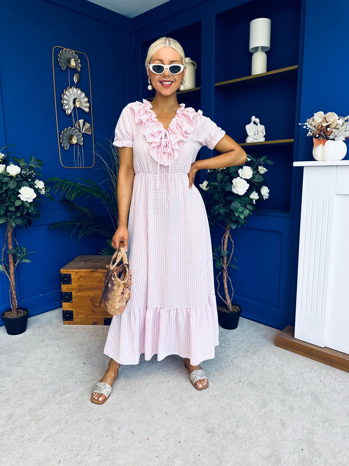 Martha Frill Detail Midi Dress Check Baby Pink