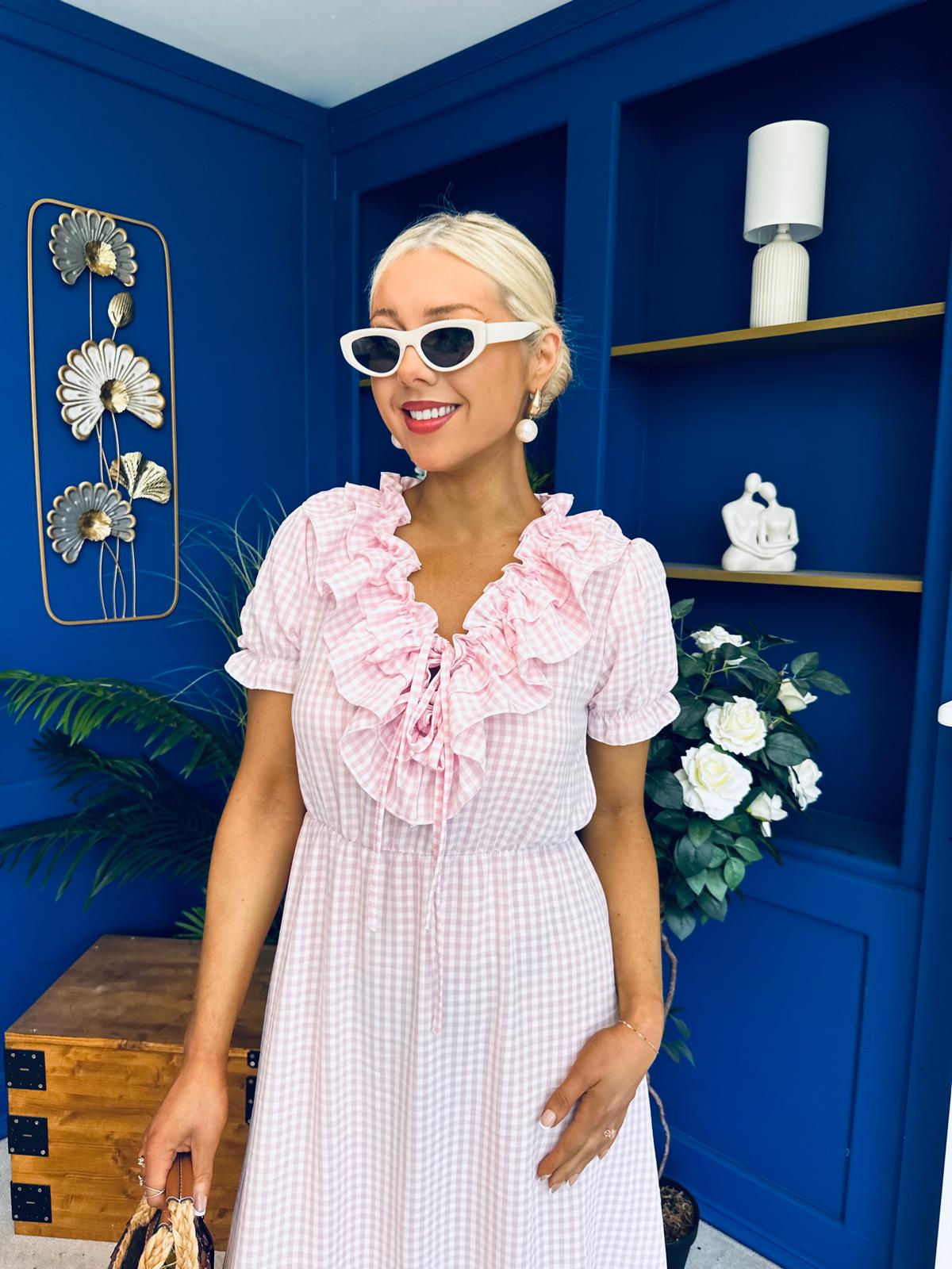 Martha Frill Detail Midi Dress Check Baby Pink