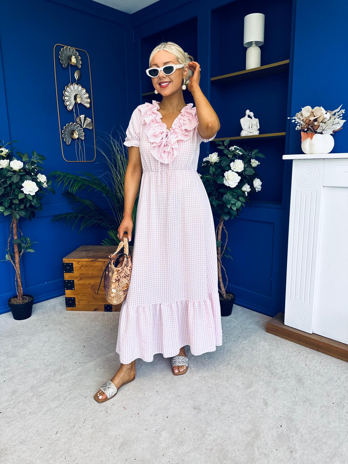 Martha Frill Detail Midi Dress Check Baby Pink