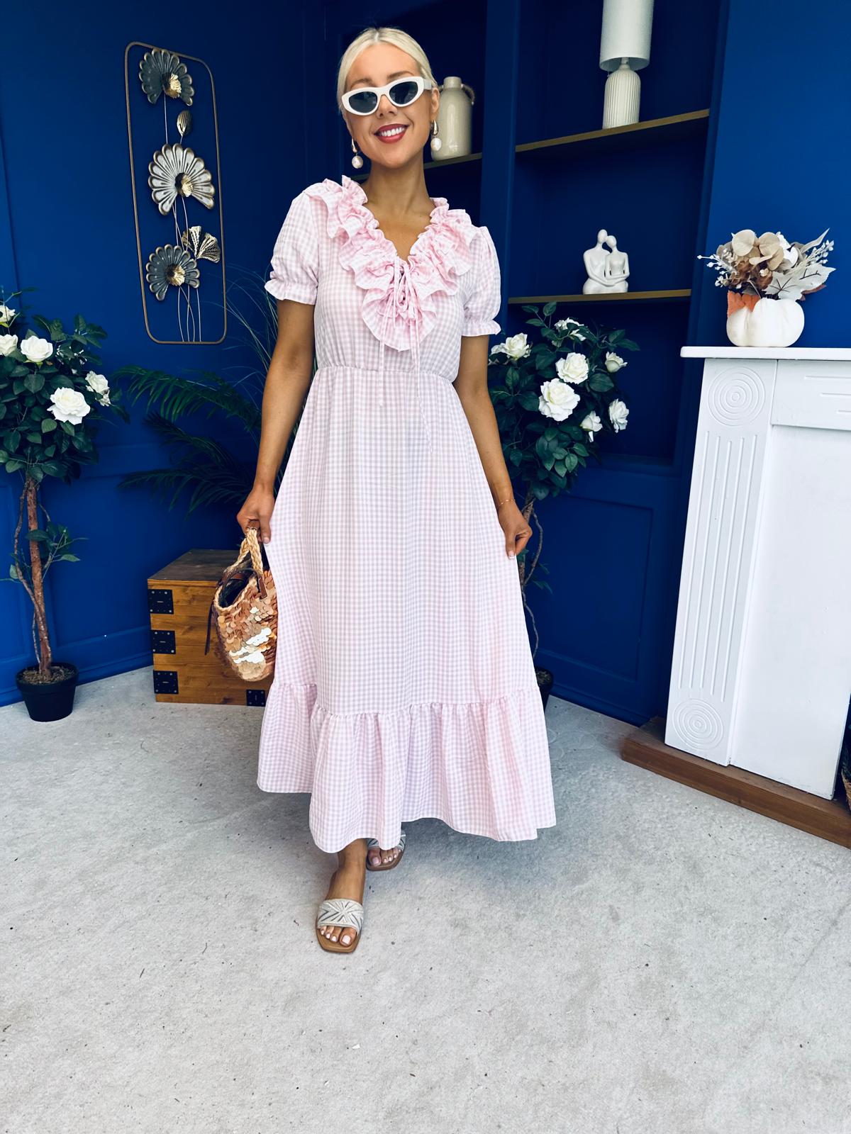Martha Frill Detail Midi Dress Check Baby Pink