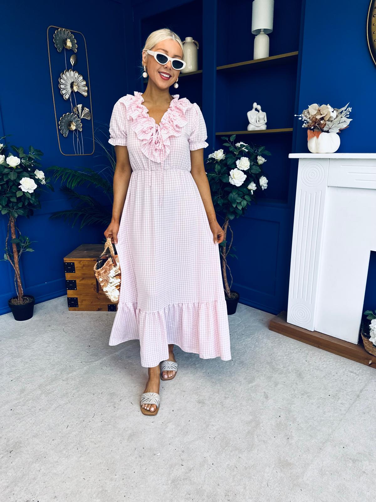 Martha Frill Detail Midi Dress Check Baby Pink