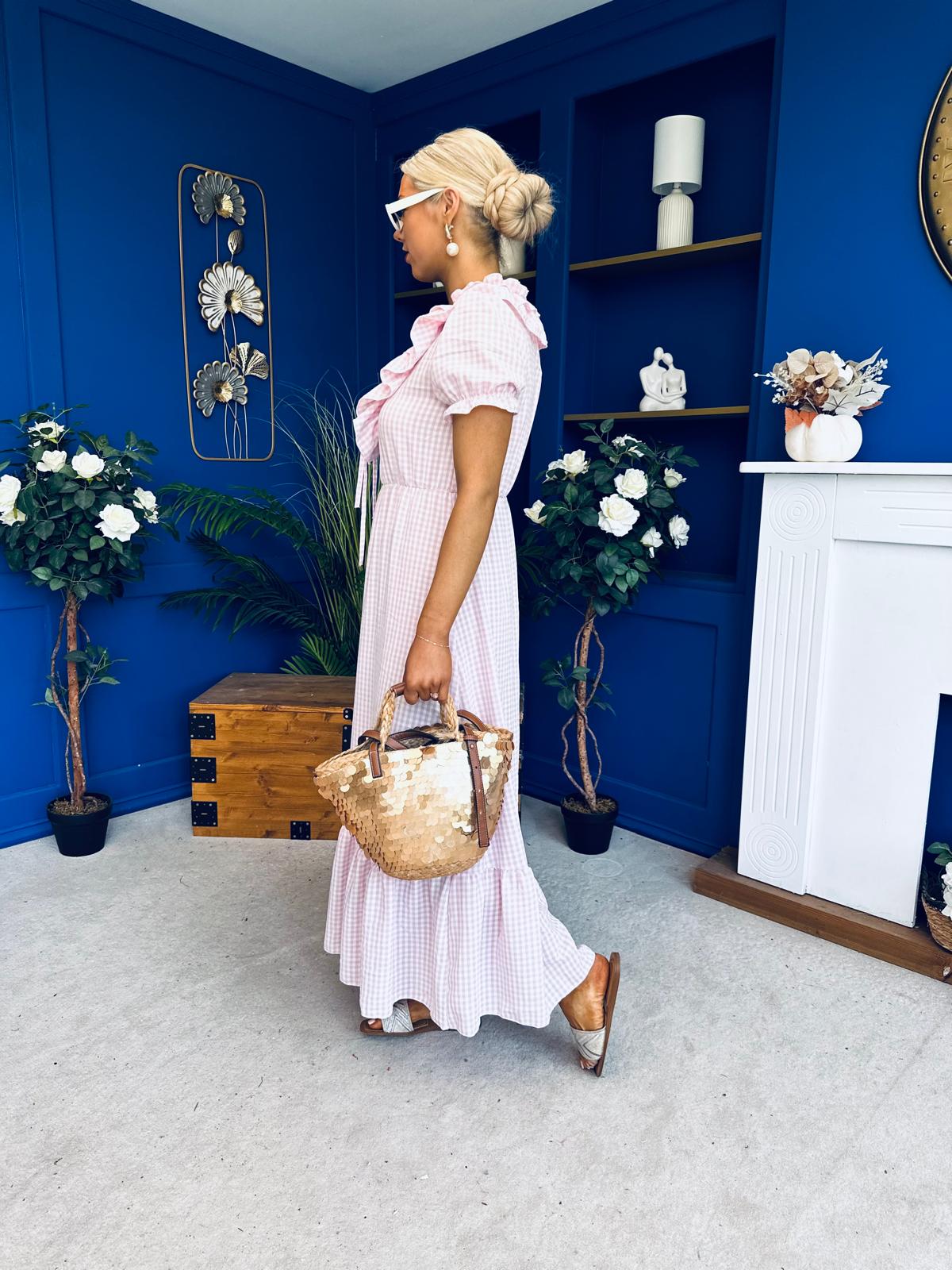 Martha Frill Detail Midi Dress Check Baby Pink