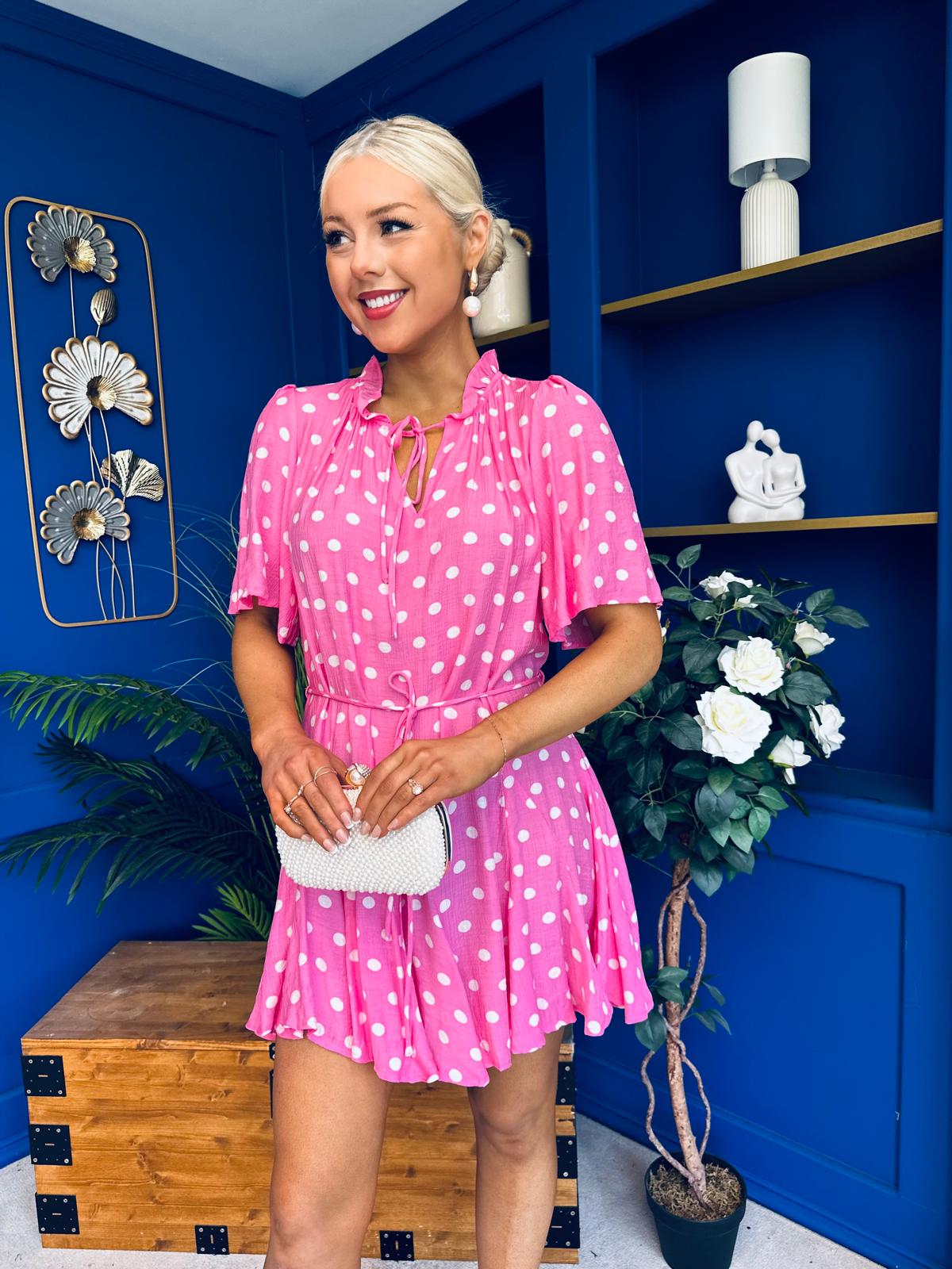 Rian Detailed Mini Dress Polka Pink
