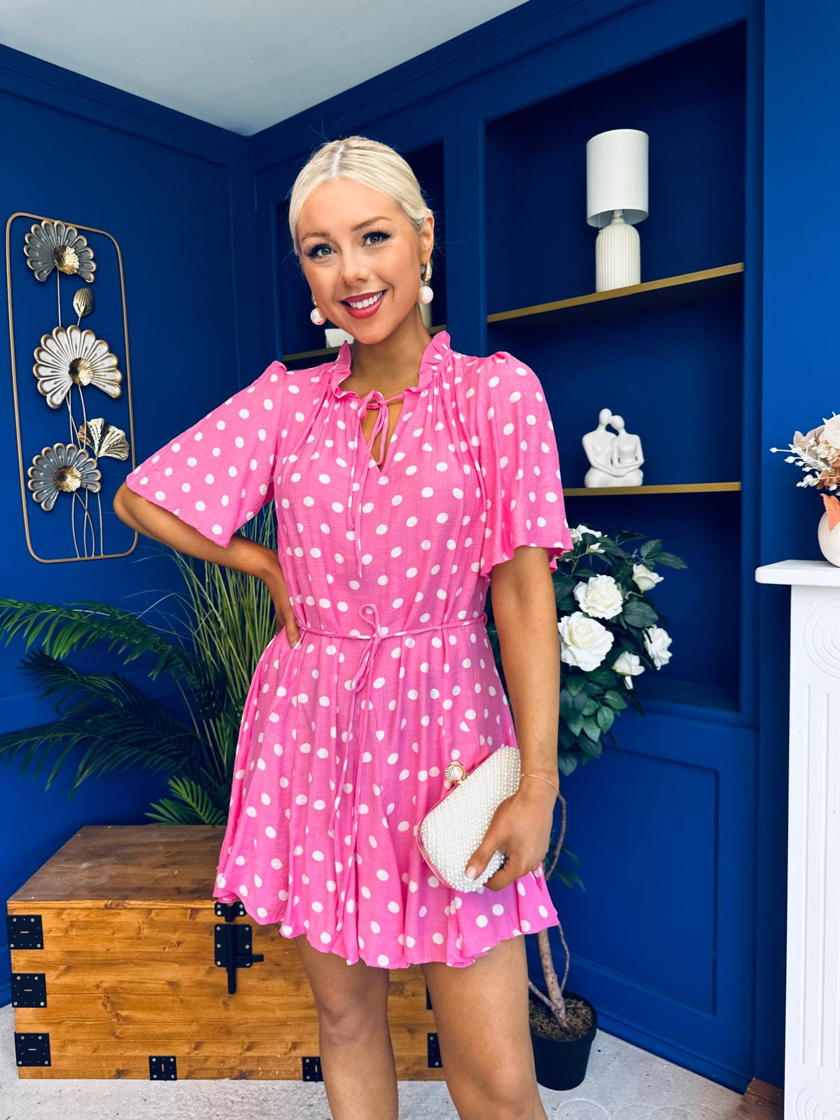 Rian Detailed Mini Dress Polka Pink
