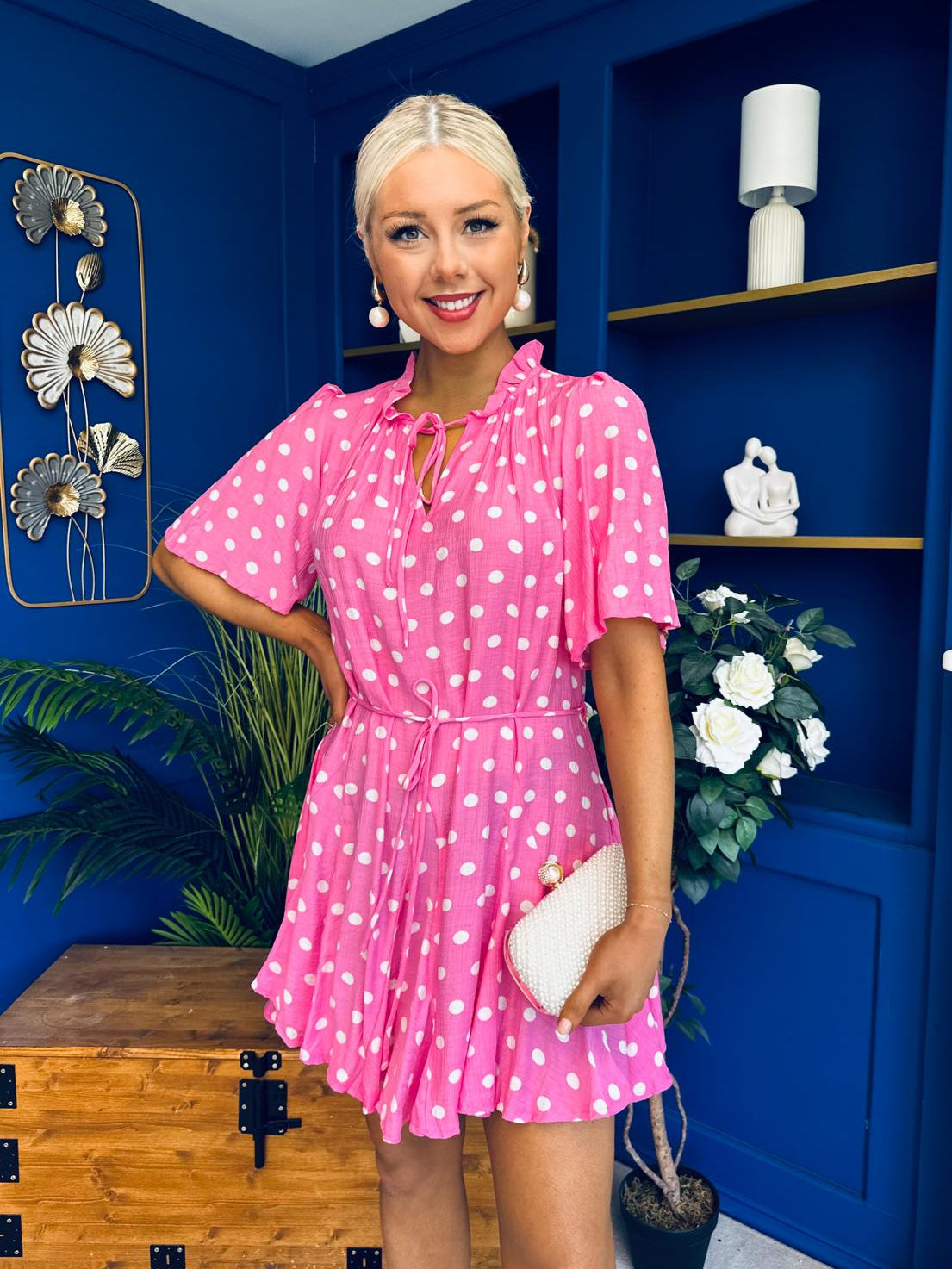 Rian Detailed Mini Dress Polka Pink