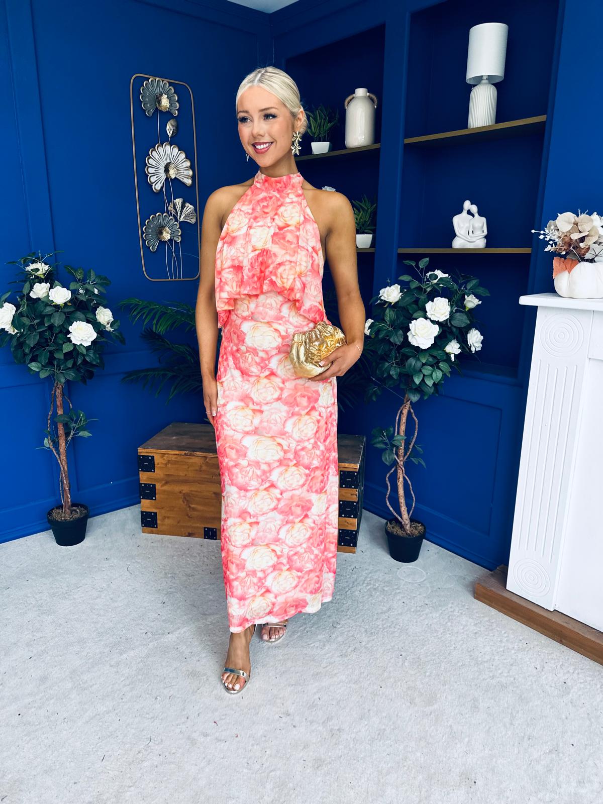 Paige Halterneck Mesh Midi Dress Floral Coral