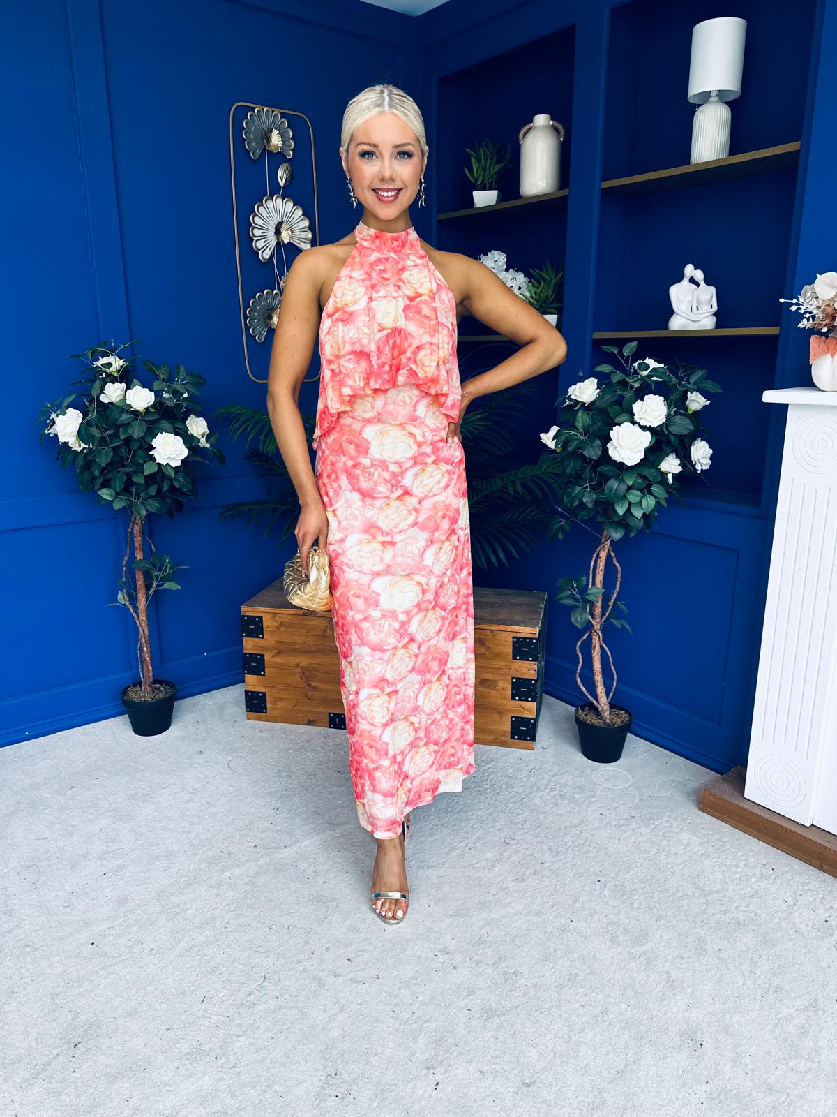 Paige Halterneck Mesh Midi Dress Floral Coral