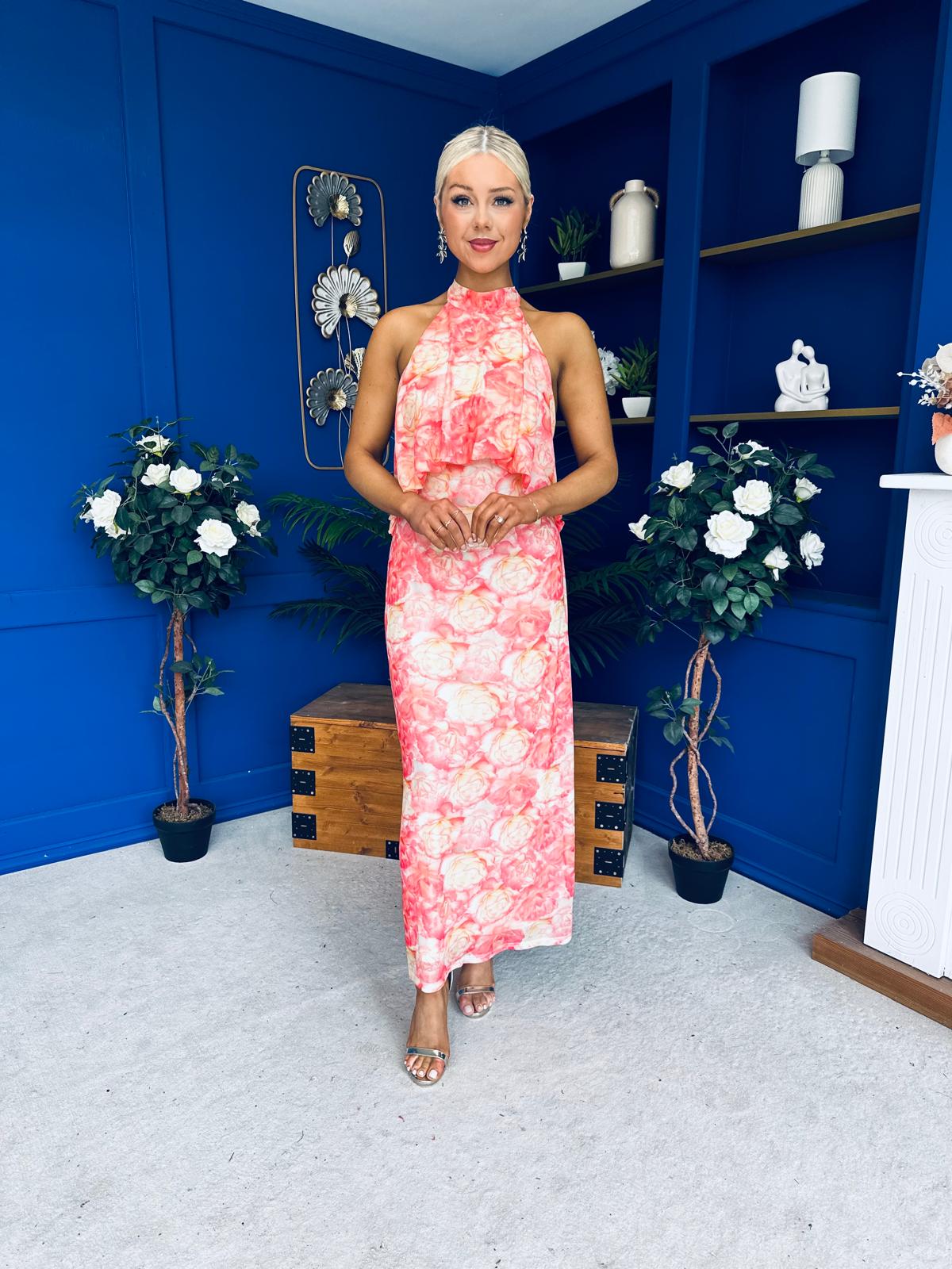 Paige Halterneck Mesh Midi Dress Floral Coral