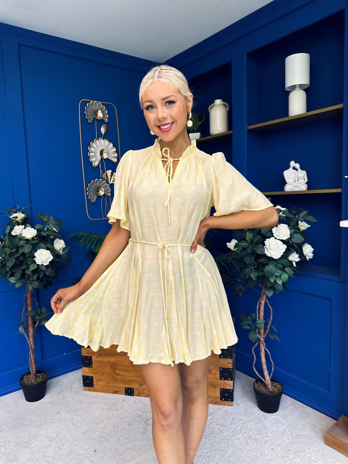 Rian Detailed Mini Dress Polka Yellow