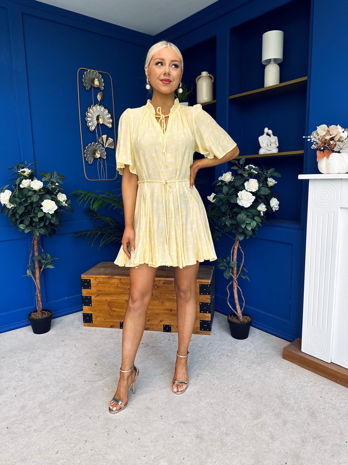 Rian Detailed Mini Dress Polka Yellow