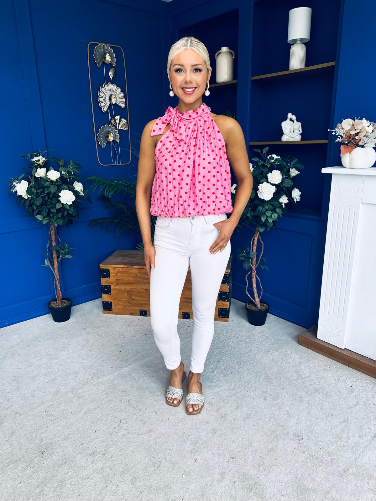 Irene Bow Tie Top Polka Pink